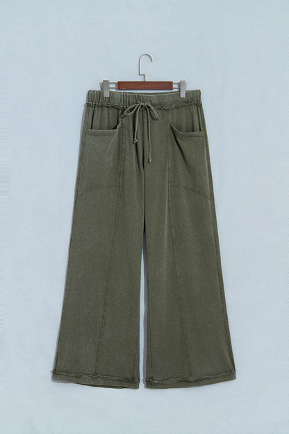 Jungle Green Mineral Wash Seam Detail Flare Leg Drawstring Pants