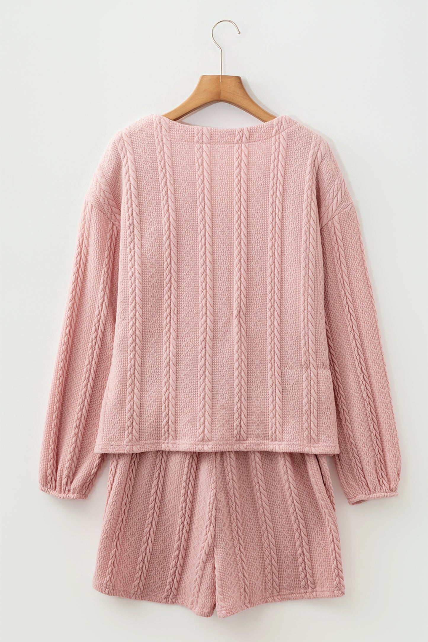 Gossamer Pink Cable Knit V Neck Cardigan Shorts Set - Cowaa