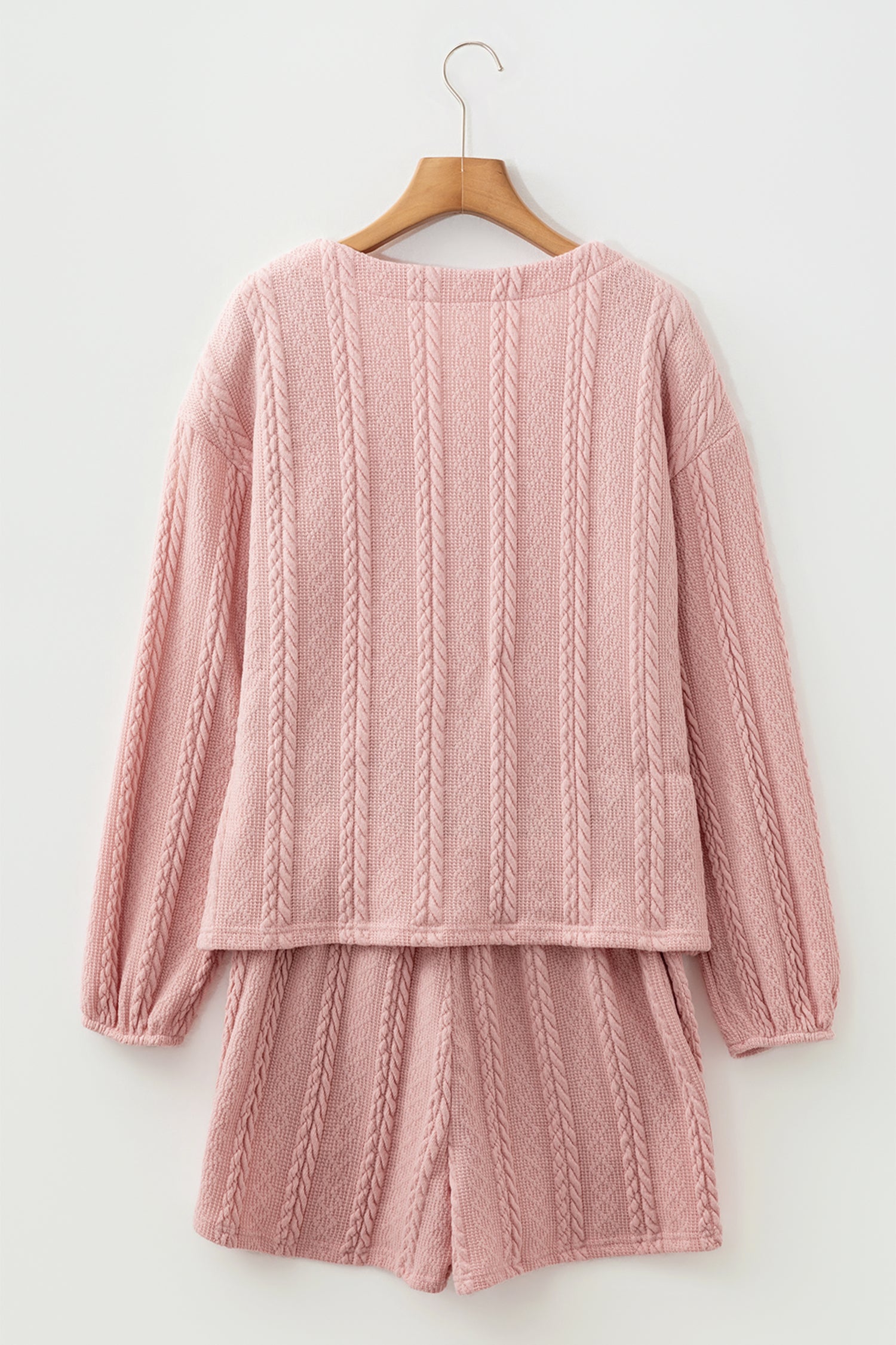 Gossamer Pink Cable Knit V Neck Cardigan Shorts Set - Cowaa
