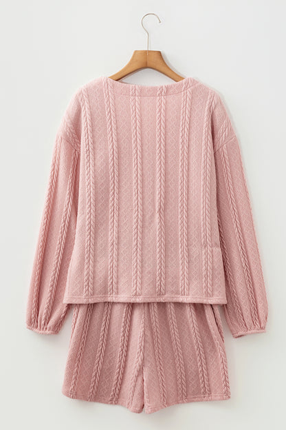 Gossamer Pink Cable Knit V Neck Cardigan Shorts Set - Cowaa