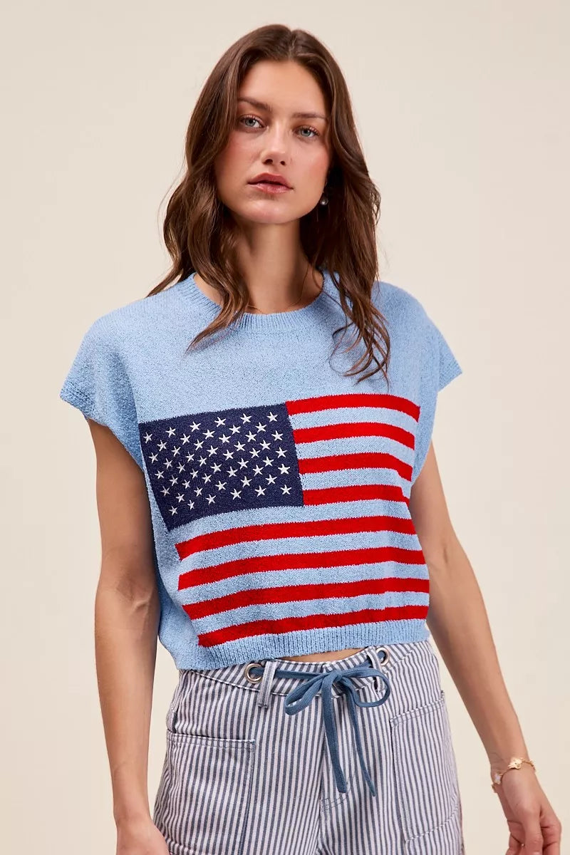 SO ME Fourth Of July American Flag Boxy Fit Sweater Top.