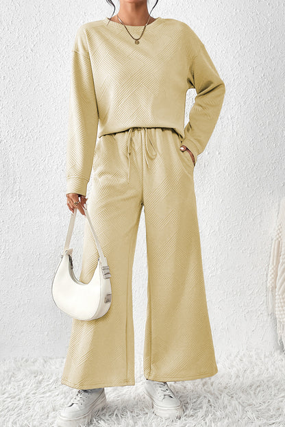 Strawberry Pink Textured Loose Slouchy Long Sleeve Top and Pants Set - Cowaa