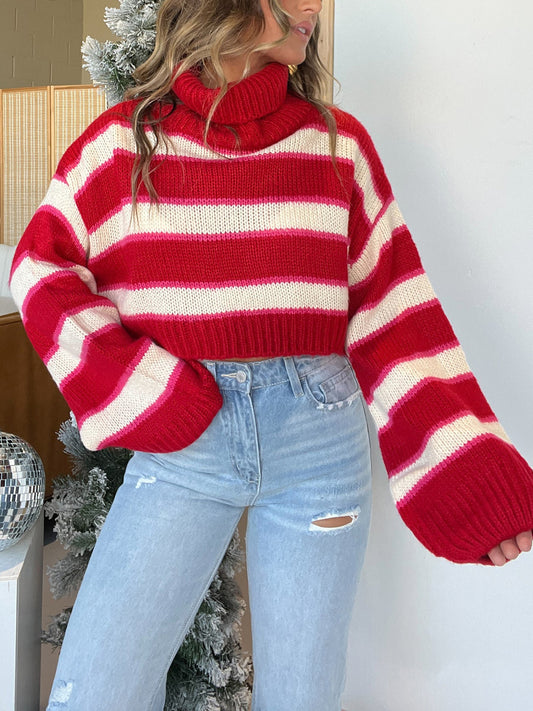Red Striped Turtleneck Long Sleeve Cropped Sweater