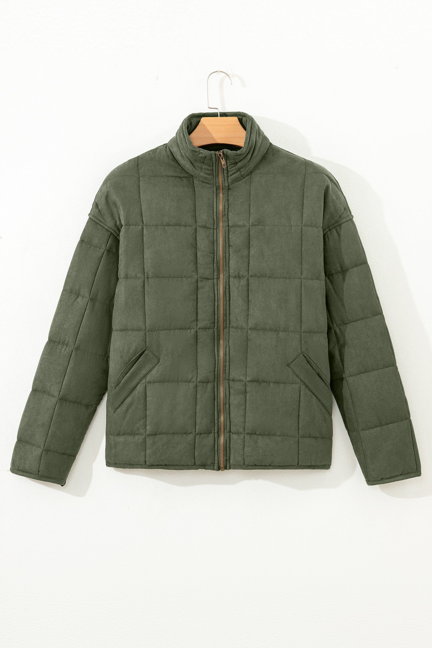 Green Zip-Up Pocket Quilted Jacket - Cowaa