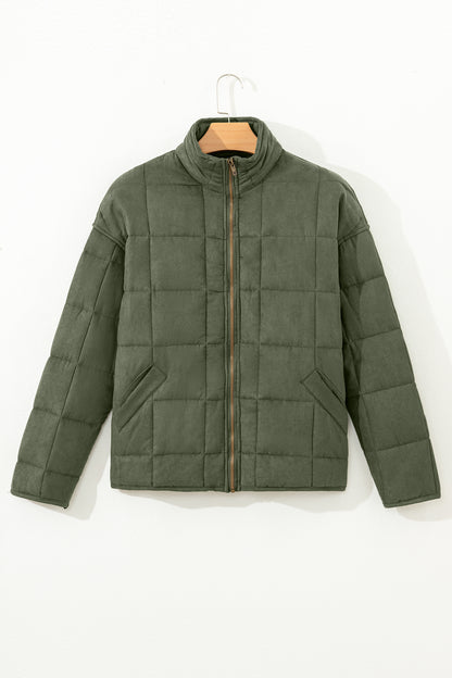 Green Zip-Up Pocket Quilted Jacket - Cowaa
