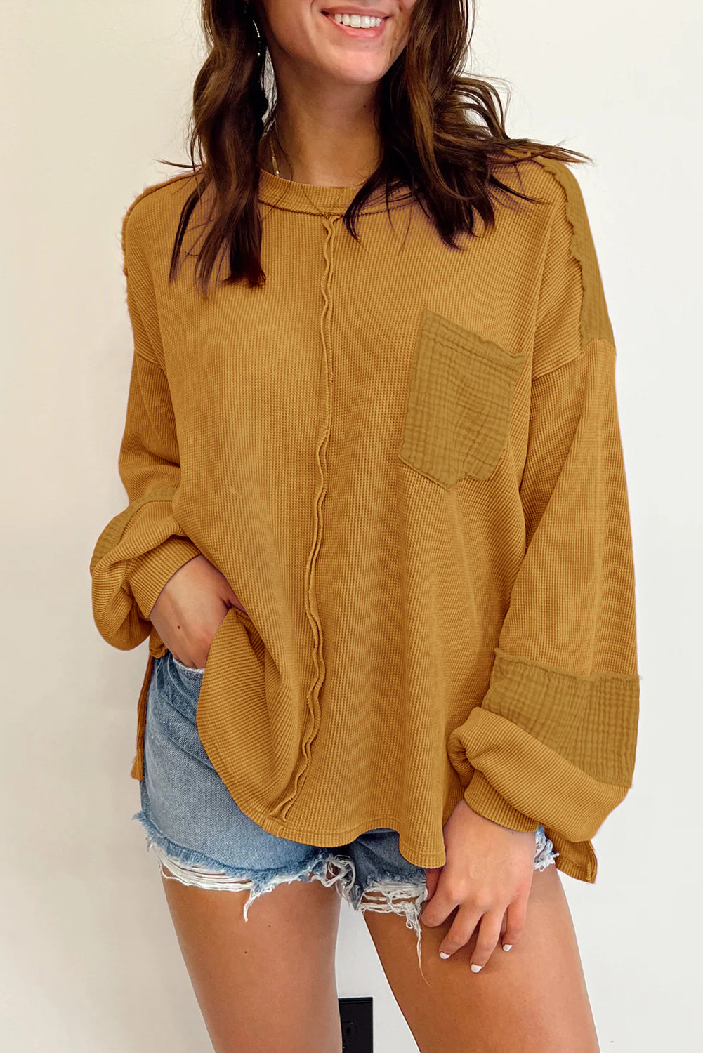 Crinkle Patchwork Long Sleeve Top - Cowaa
