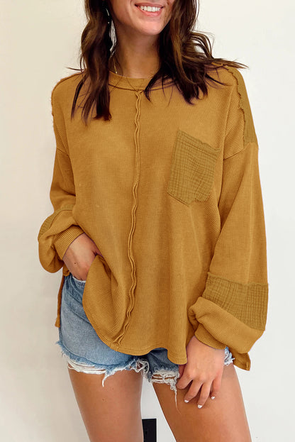 Crinkle Patchwork Long Sleeve Top - Cowaa