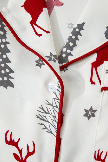 White Christmas Fashion Print Velvet Trim Bow Knot Pajama 2pcs Short Set