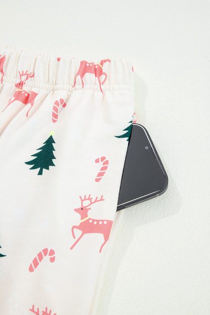 Pink Bow Christmas Tree Print Contrast Striped Banding 2pcs Lounge Set
