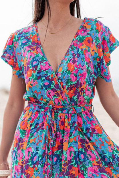 Blue Boho Floral Print V Neck Wrap Split Maxi Dress - Cowaa