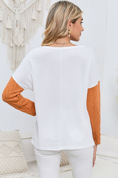Long Sleeve Colorblock Chest Pocket Textured Knit Top - Cowaa
