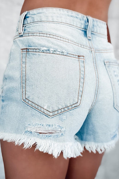 Light Blue Distressed Ripped Raw Hem High Waist Denim Shorts - Cowaa