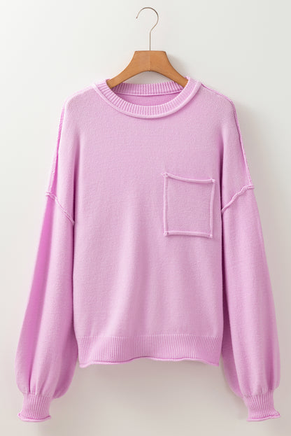 Pink Roll Hem Ribbed Detail Drop Shoulder Sweater