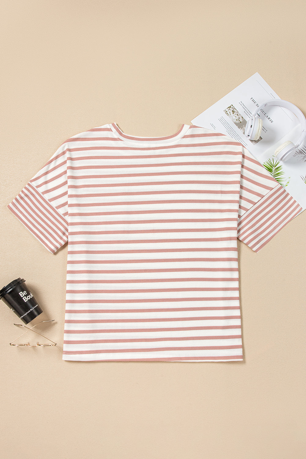 Pink Stripe Waffle Knit Pocket Half Sleeve Plus Size T Shirt