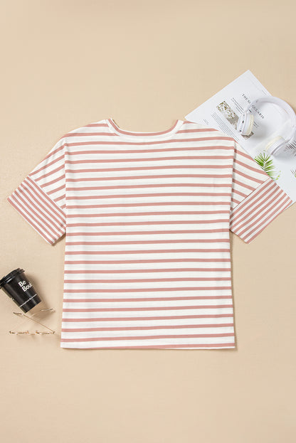 Pink Stripe Waffle Knit Pocket Half Sleeve Plus Size T Shirt