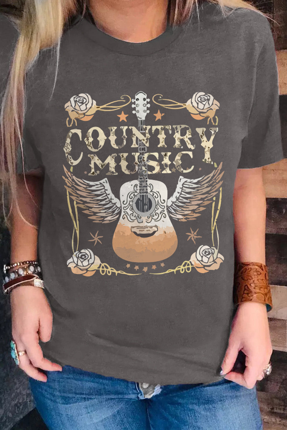Gray COUNTRY MUSIC Guitar Graphic Print Crew Neck T Shirt - Cowaa