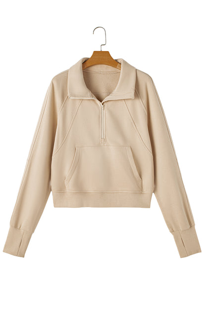 Brown Zip Up Stand Collar Thumbhole Sleeve Sweatshirt - Cowaa