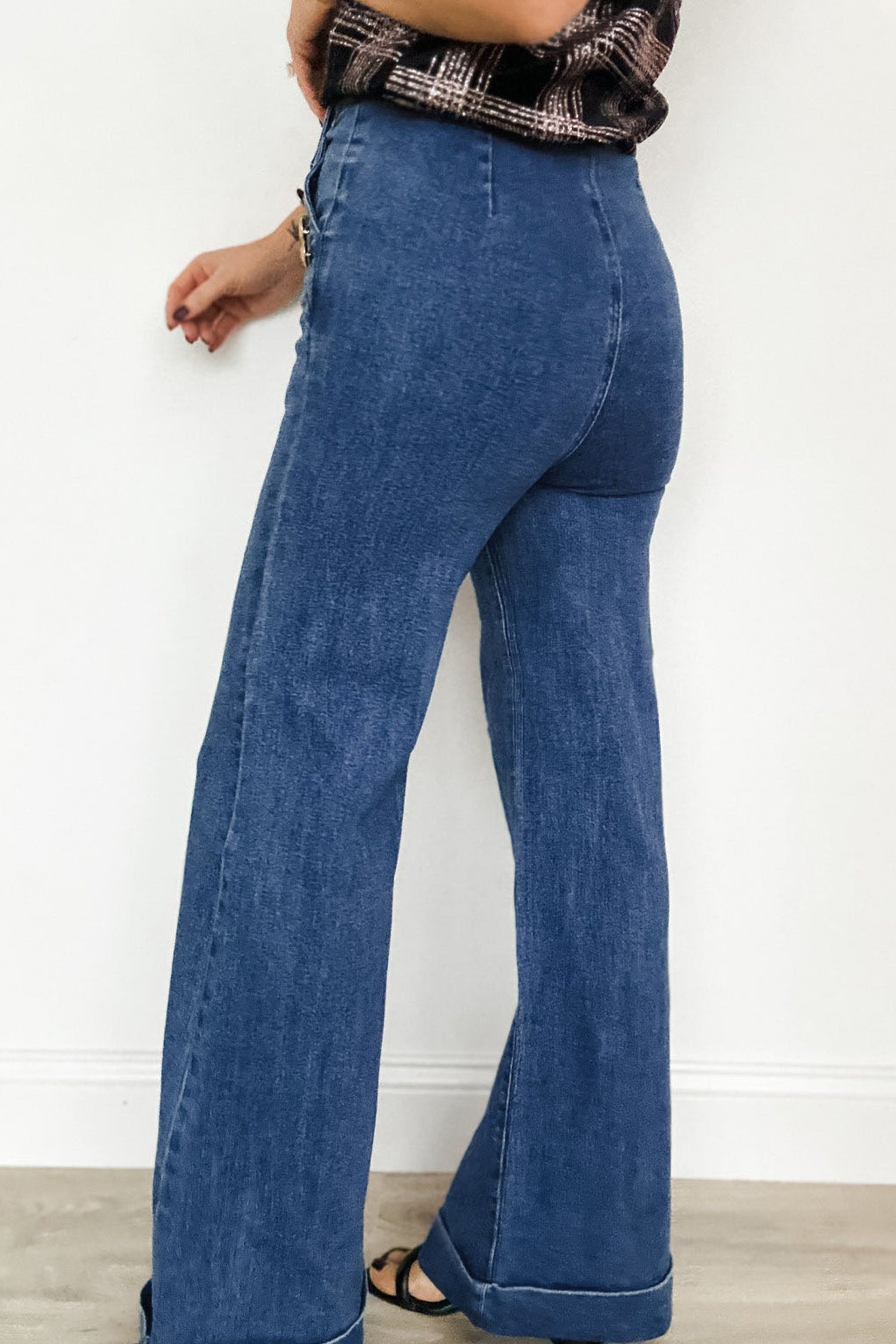 Ashleigh Blue Golden Button Detail Rolled Edge Flare Leg Jeans - Cowaa