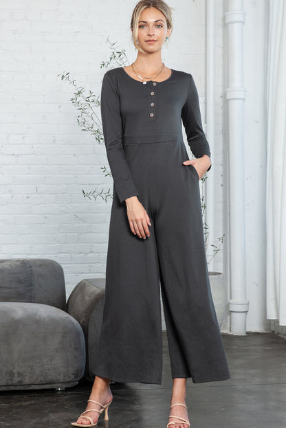 Dark Grey Henley Long Sleeve Wide Leg Jumpsuit with Pockets - Cowaa