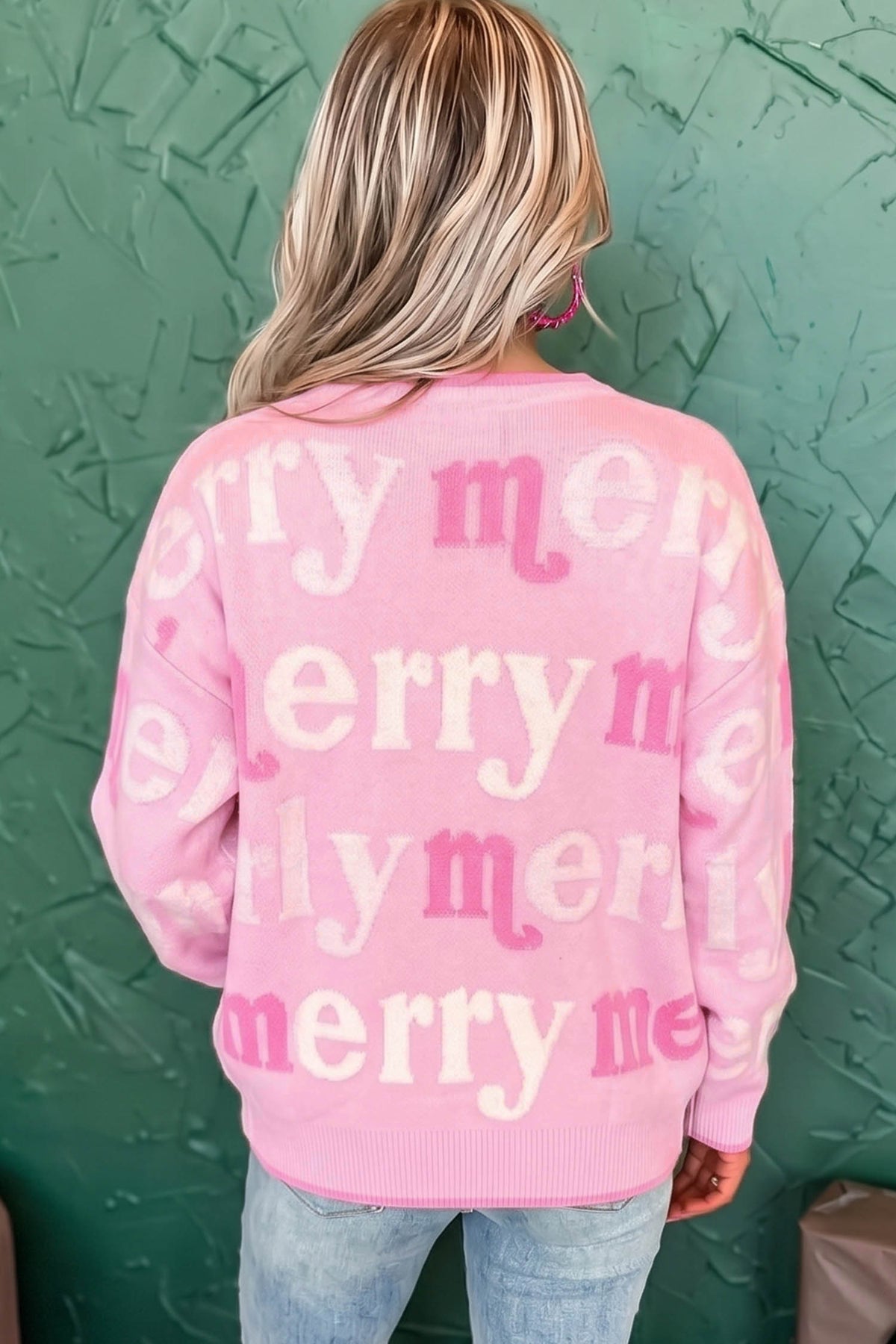 Pink All Over Merry Me Graphic Round Neck Knit Sweater