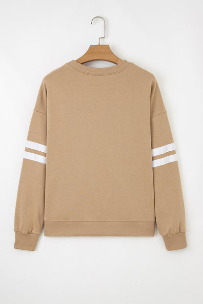 Light French Beige Varsity Striped Detail Drop Shoulder Oversized Sweatshirt