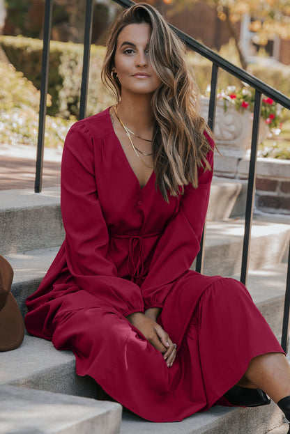 Burgundy Solid Long Sleeve Button V Neck Tiered Maxi Dress