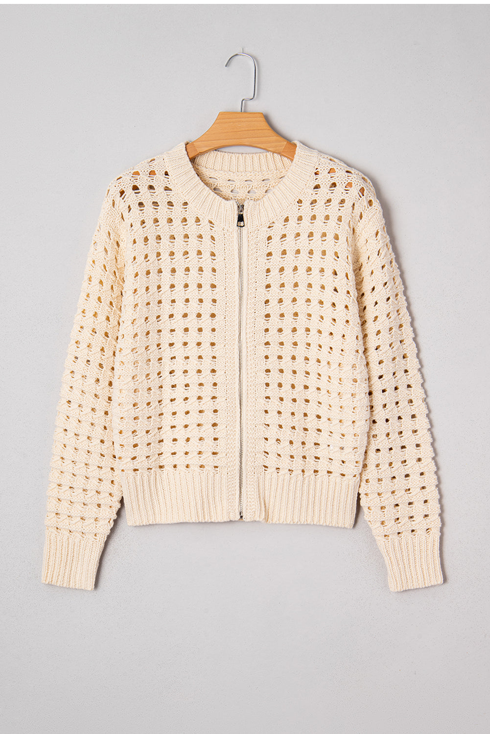 Beige Hollowed Pattern Knit Zip Up Drop Shoulder Sweater Cardigan