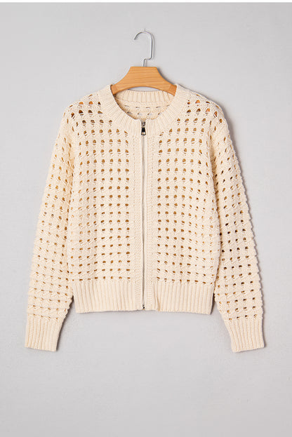 Beige Hollowed Pattern Knit Zip Up Drop Shoulder Sweater Cardigan