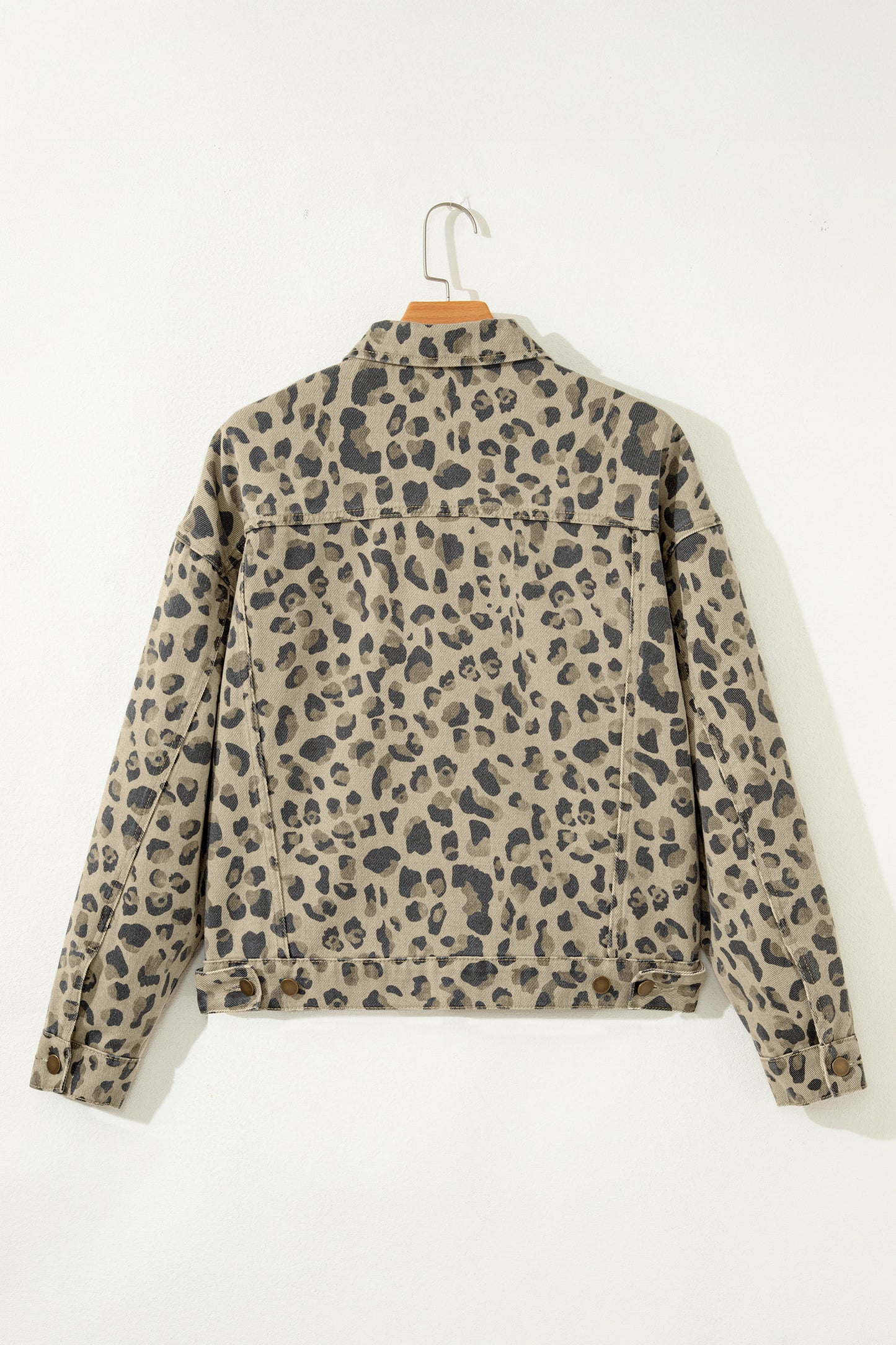 Khaki Retro Leopard Print Seam Detail Button Down Denim Jacket - Cowaa