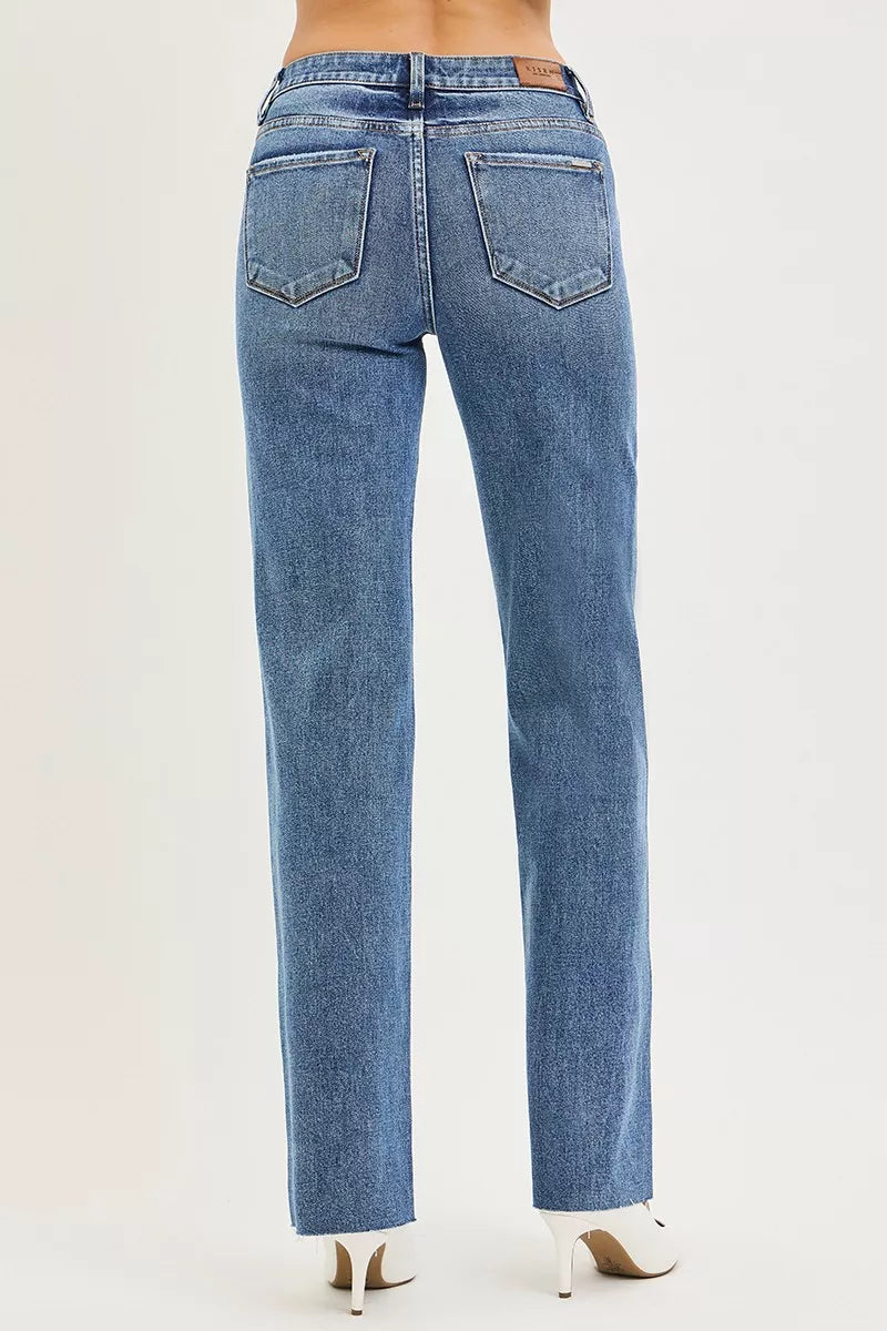 RISEN Tummy Control 4 Way Stretch Mid Rise Straight Jeans.