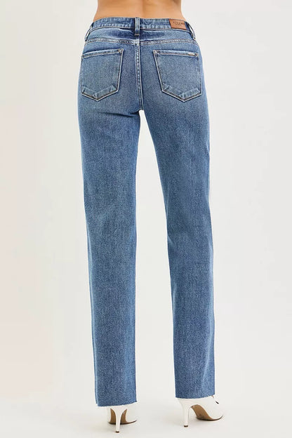 RISEN Tummy Control 4 Way Stretch Mid Rise Straight Jeans.