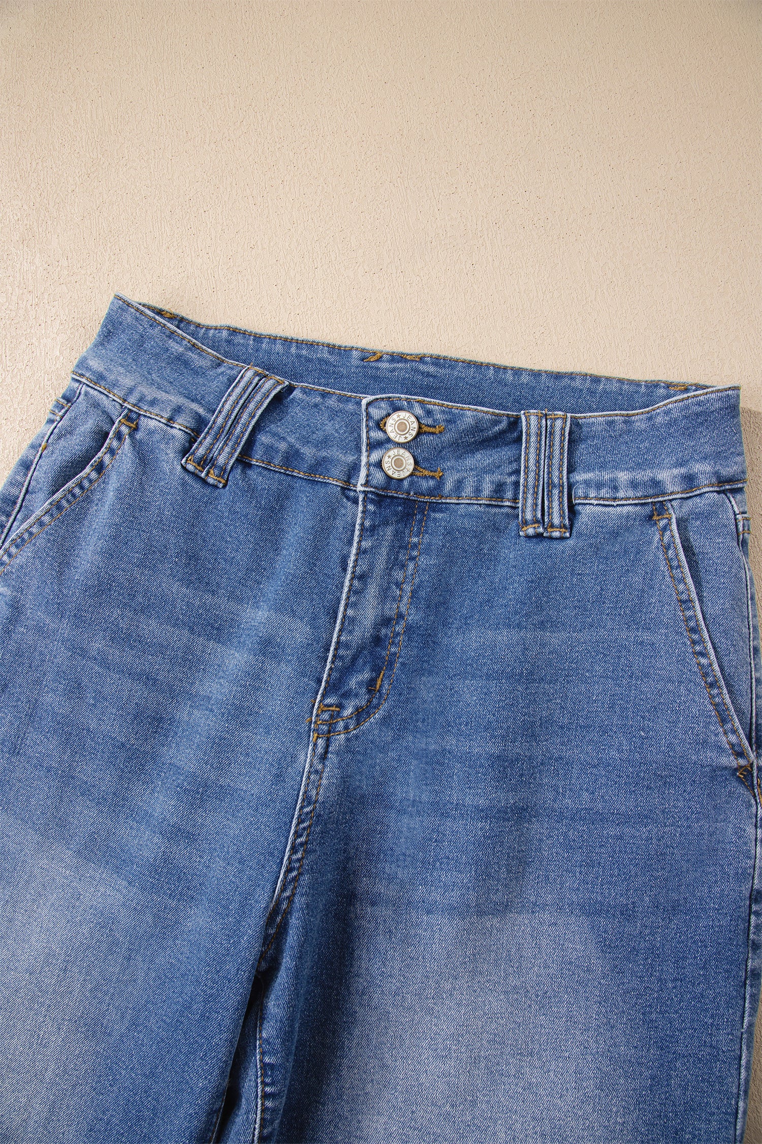 Sky Blue Double Button Zip Fly Straight Leg Jeans - Cowaa