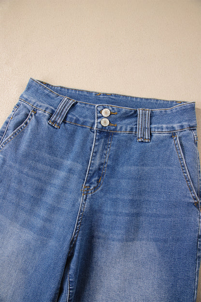 Sky Blue Double Button Zip Fly Straight Leg Jeans - Cowaa