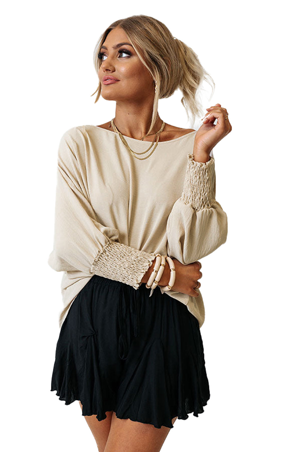 Apricot Solid Casual Smocked Cuffs Batwing Sleeve Blouse - Cowaa