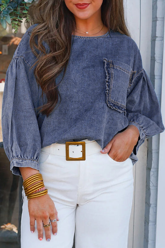 Sky Blue Frill Trim Puff Sleeve Pocket Denim Blouse - Cowaa