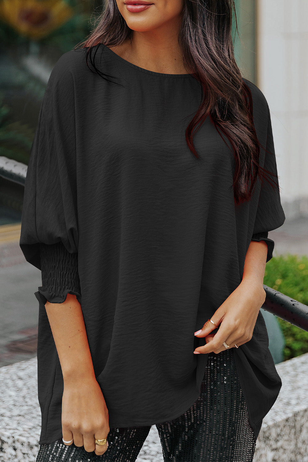 Apricot Solid Casual Smocked Cuffs Batwing Sleeve Blouse - Cowaa