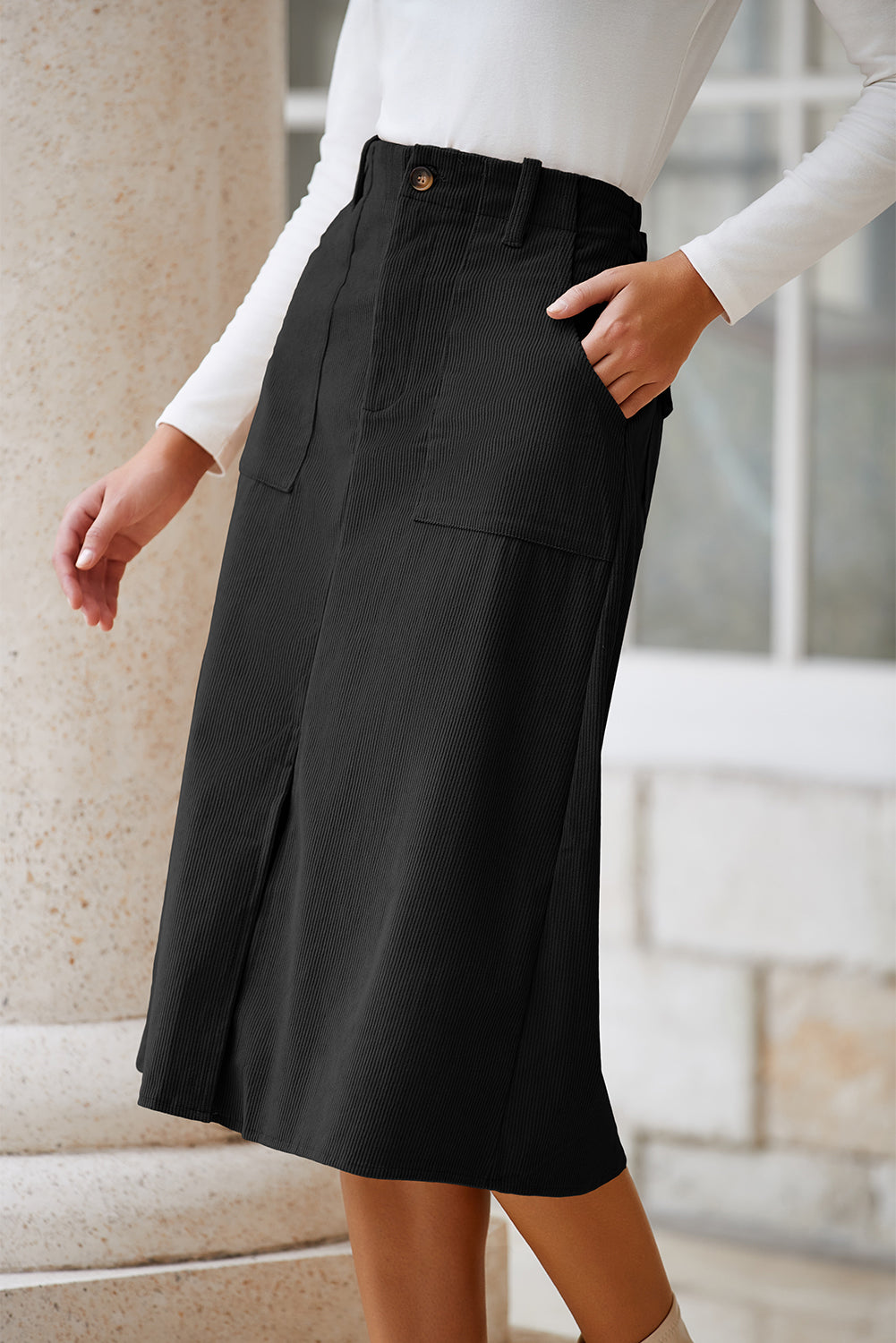 Black Front Slit Shift High Waist Midi Skirt
