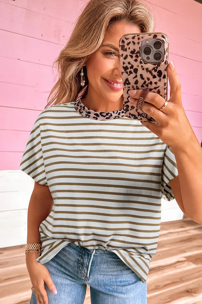 Khaki Stripe Leopard Patchwork Round Neck Loose T Shirt - Cowaa