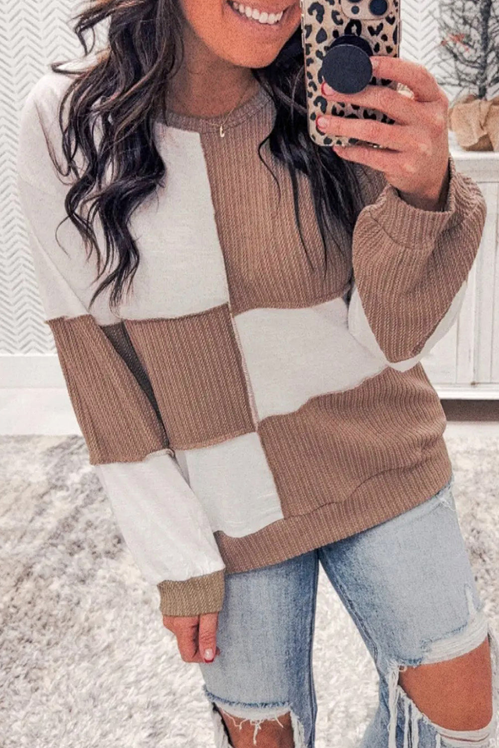 Dark Khaki Colorblock Checkered Raw Seamed Pullover - Cowaa