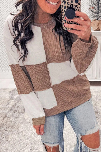 Dark Khaki Colorblock Checkered Raw Seamed Pullover - Cowaa