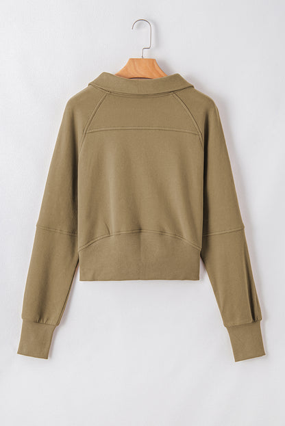 Brown Zip Up Stand Collar Thumbhole Sleeve Sweatshirt - Cowaa