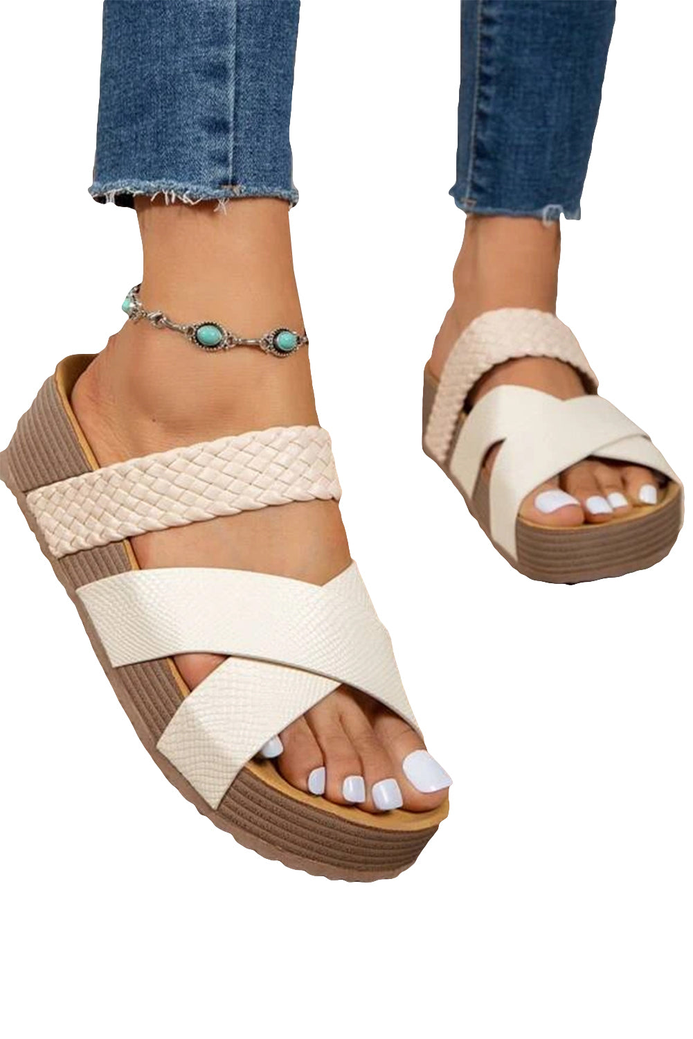 Beige Braided Detail Criss Cross Platform Sandals - Cowaa
