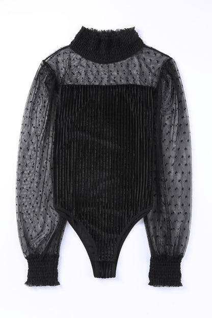 Sheer Dotty Puff Sleeve Ribbed Velvet Bodysuit - Cowaa