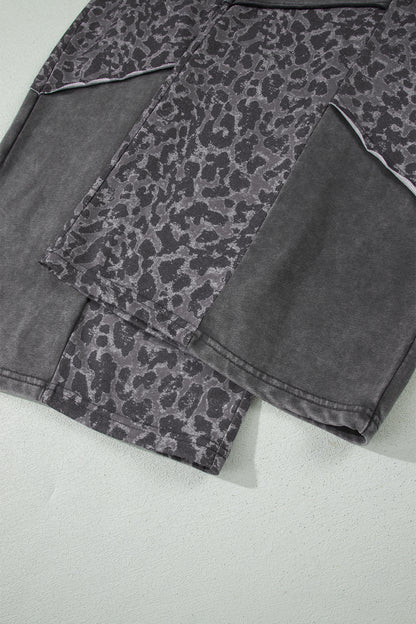 Dark Grey Plus Size Leopard Patchwork Mineral Wash Wide Leg Pants