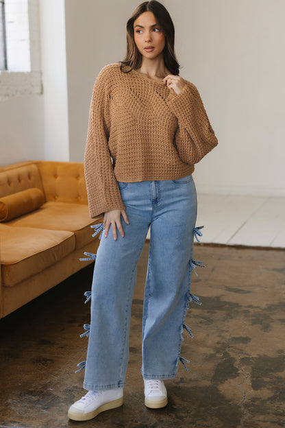 Camel Hollowed Detail Wide Sleeve Loose Pullover Sweater