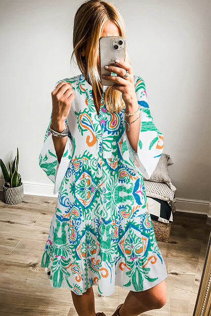 White Ethnic Print Boho Button Tiered Mini Dress - Cowaa
