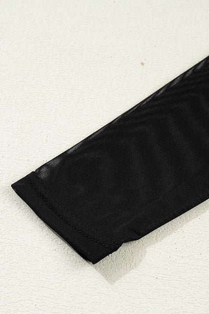 Black Sheer Mesh Patchwork High Neck Long Sleeve Top