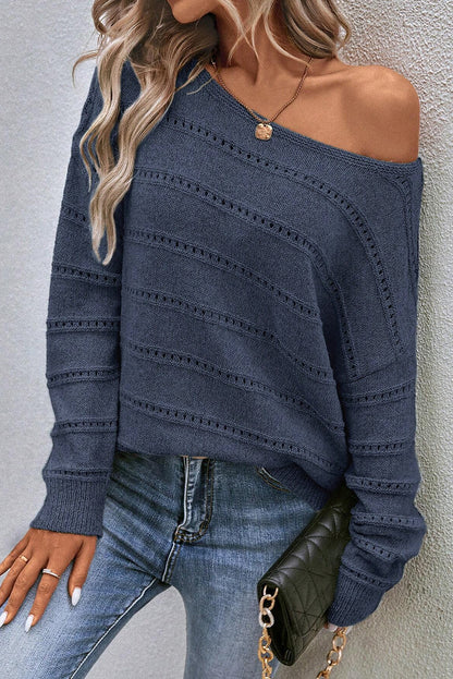 Boat Neck Drop Shoulder Pointelle Knit Sweater - Cowaa