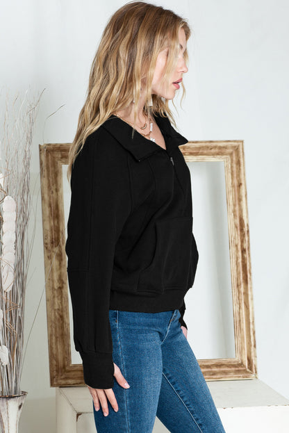 Brown Zip Up Stand Collar Thumbhole Sleeve Sweatshirt - Cowaa