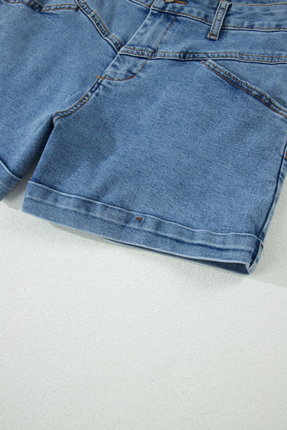Ivy Seam Detail Pocketed Cuffed Hem Denim Shorts - Cowaa